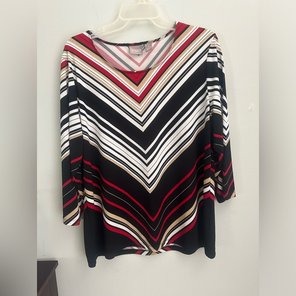 Chicos Poly Blend Striped Tunic Top  3/4 Sleeve Multi Color Size 2
